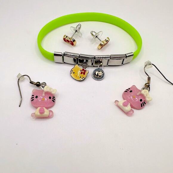 Hello Kitty Sanrio Jewelry Set Red Bow Stud Earrings Green Charm Bracelet Pink - Picture 15 of 15